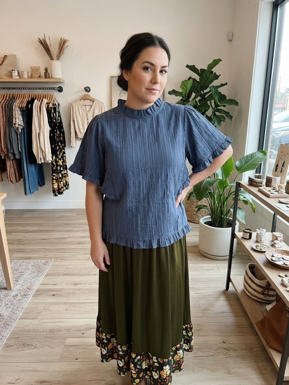 NWT Anthropologie RO & DR Women's Ruffled Mock-Neck Top in navy Blue size xl